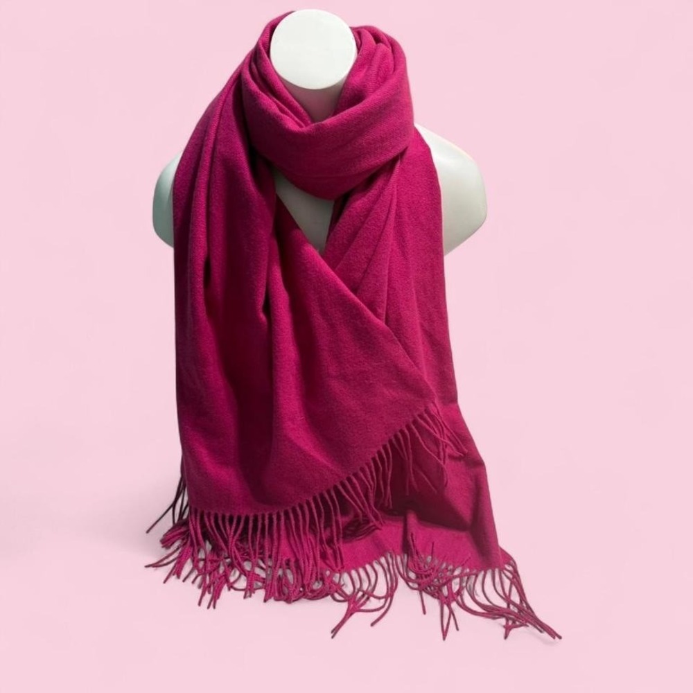 Magenta Wool-Blend Scarf 80" •‎ Oversized Fringe Wrap